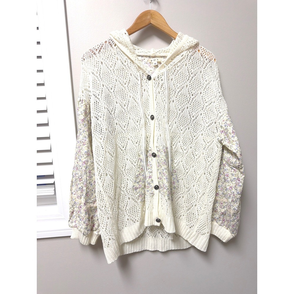 POL Crochet Knit Hoodie Floral Sleeve Boho Sweater Cream Size M